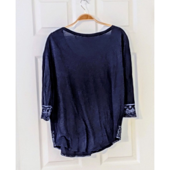 Lucky Brand Top Large Blue‎ Silver Print Scoop Neck 3/4 Sleeve Blouse - Picture 2 of 9